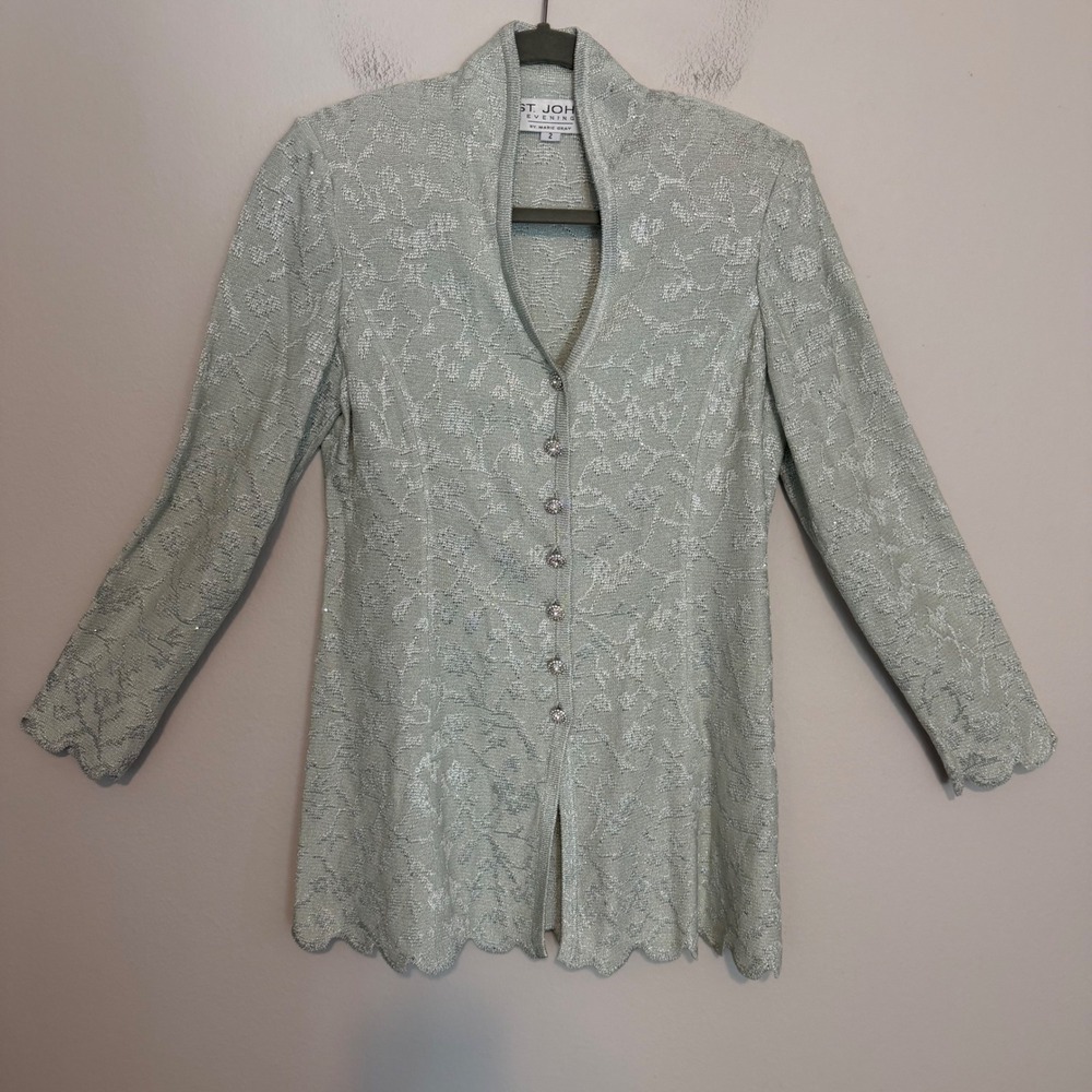 Vintage St John Evening Marie Gray Metallic Floral Knit Jacket Rhinestone Sz 2